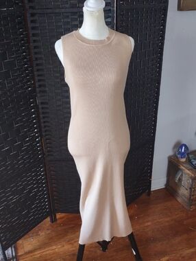 Calvin Klein Jeans Sleeveless Ribbed Maxi Dress in Beige